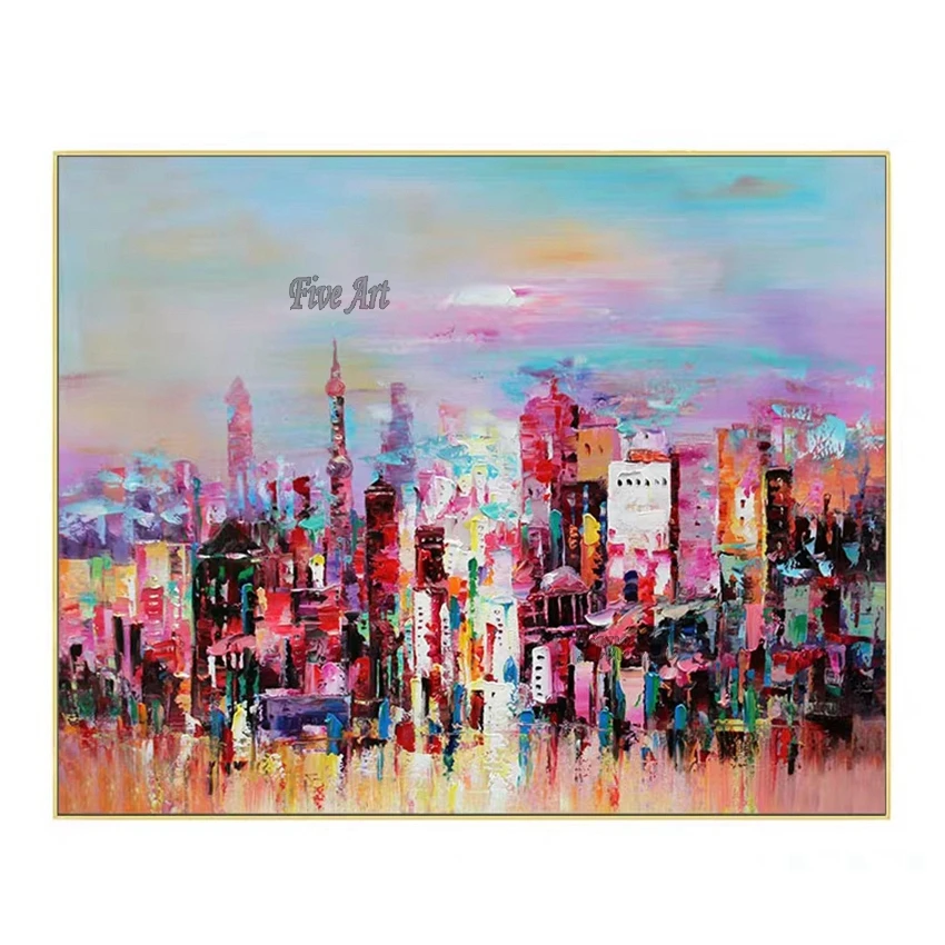 

Pure Handmade Cheap Canvas Art Abstract City Building Scenery Oil Painting Wall Decor Panel Artwork Unframed Canvas Picture Art