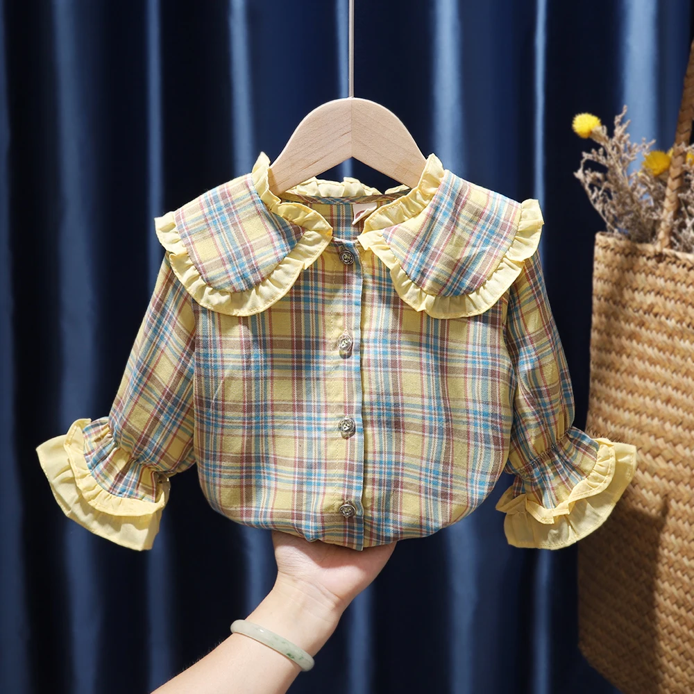 Клетчатая блузка для маленьких девочек с кукольным воротником мягкая хлопковая