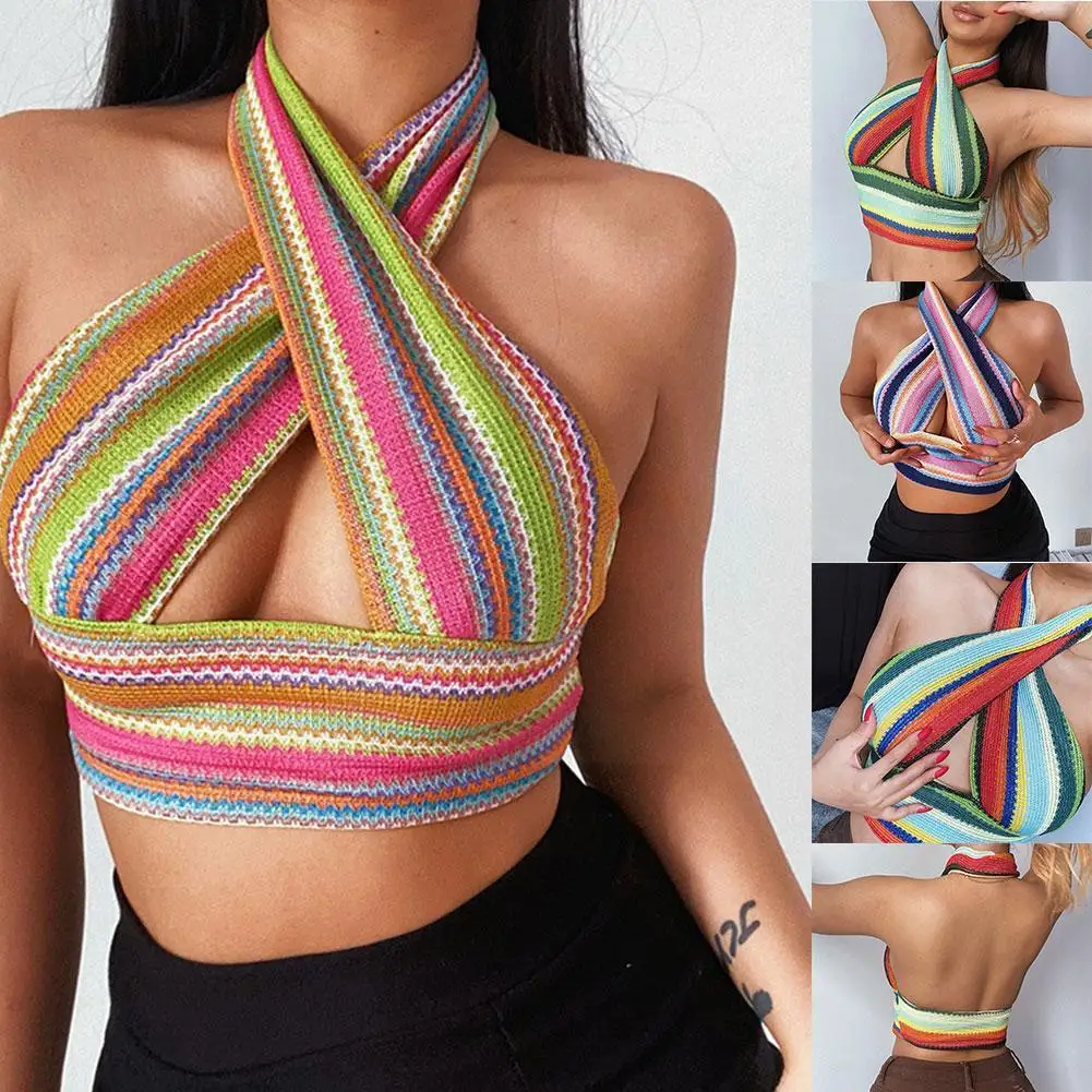 

Women Sexy Camisole Short Style Sleeveless Tops Color Top Vest Knit Cropped Bandage Sleeveless Halter Striped Sl H4n1