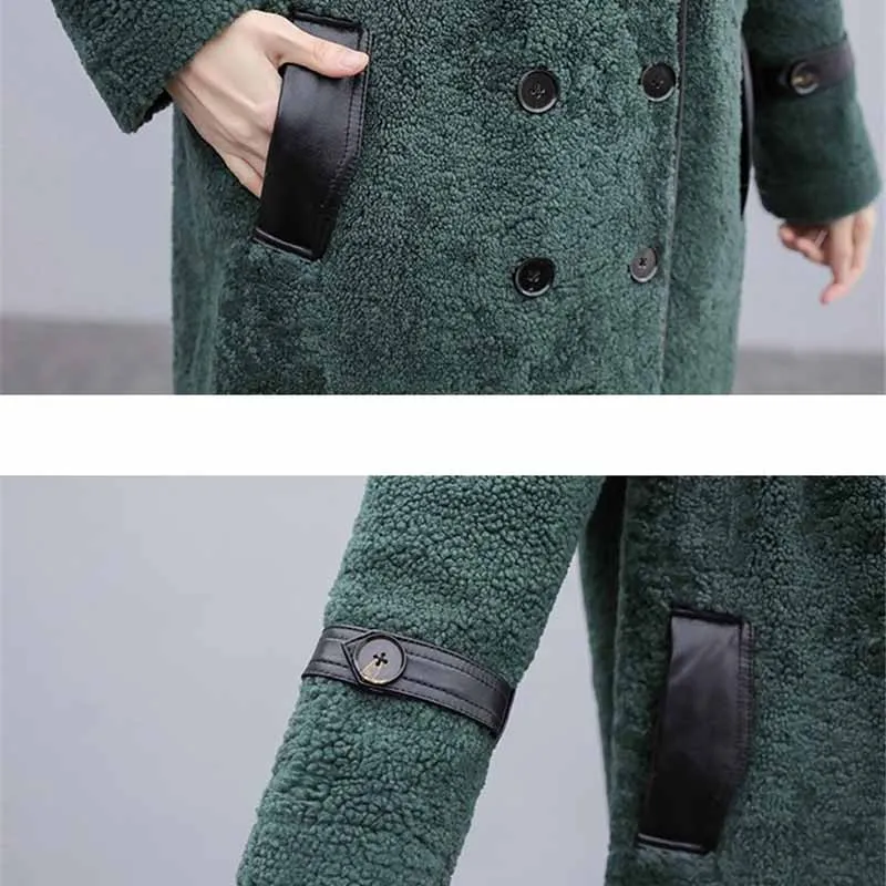 

Green Lambswool Skin Fur Together Coat Women Autumn Winter Splice Jacket Plus Size Double-Breasted Black Faux Fur Outwear KW352