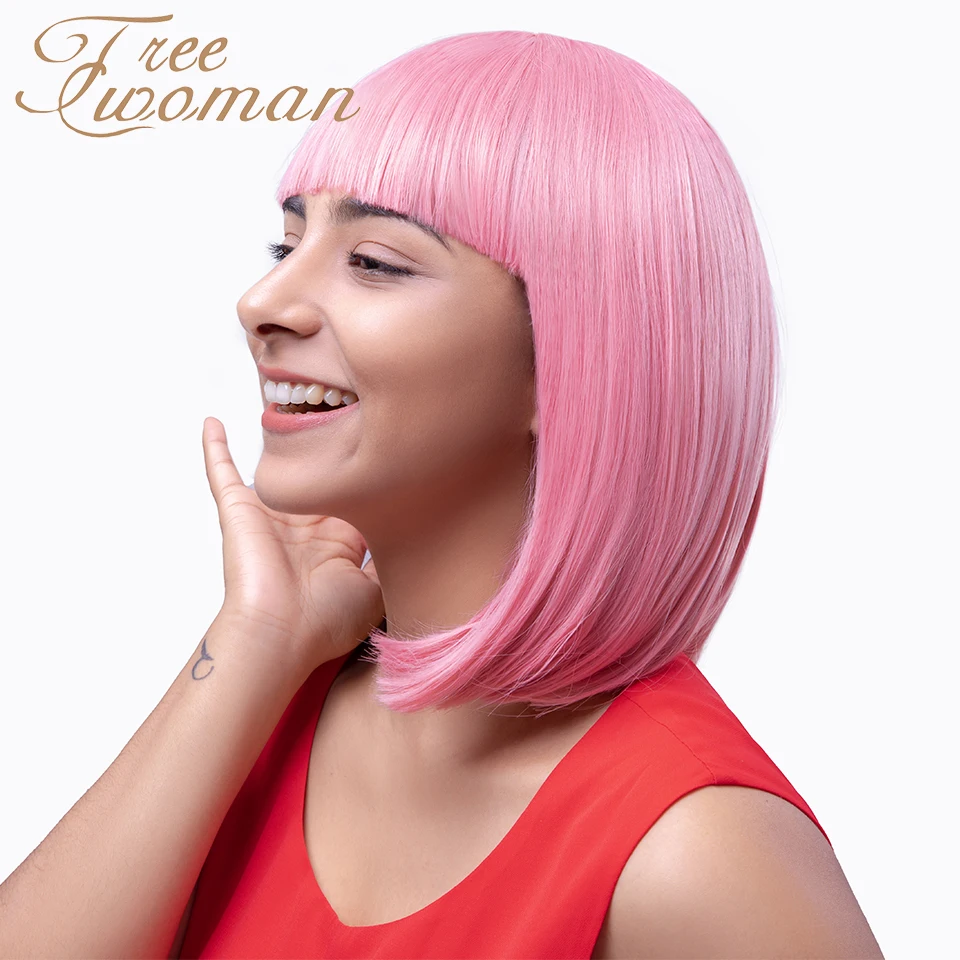 

FREEWOMANOrange Short Bob Wig with Bangs Synthetic Straight Carnival Costume Party Cosplay Christmas Halloween Flapper Hair Wig