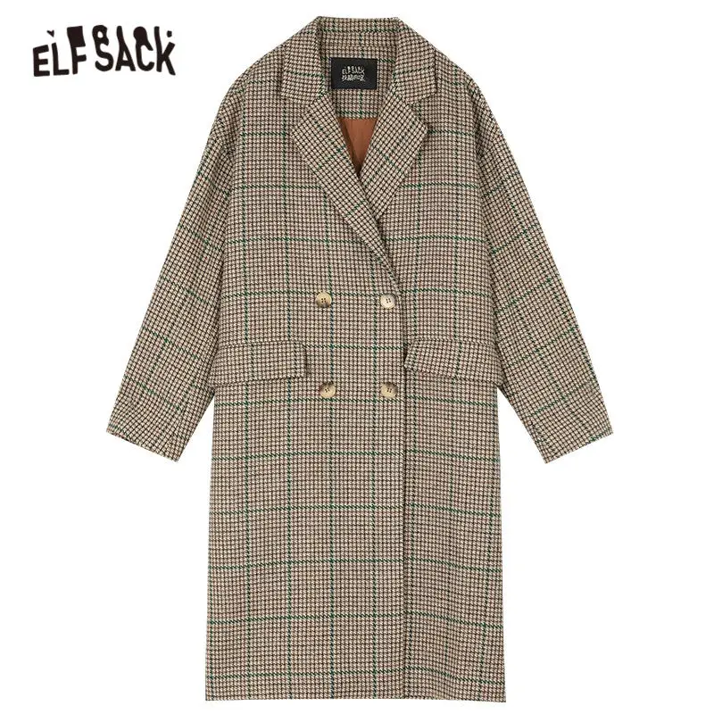 

ELFSACK Khaki Plaid British Single Breasted Straight Wool Coat Women,2020 Autumn Korean Oversize Ladies Warmness Daily Outwear