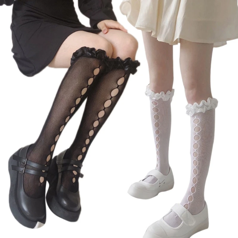 

Q1FA Japanese Lolita Ruffled Lace Knee High Long Socks Hollow Out Ripped Hole Kawaii Transparent Fishnet Stretch Thigh High Over