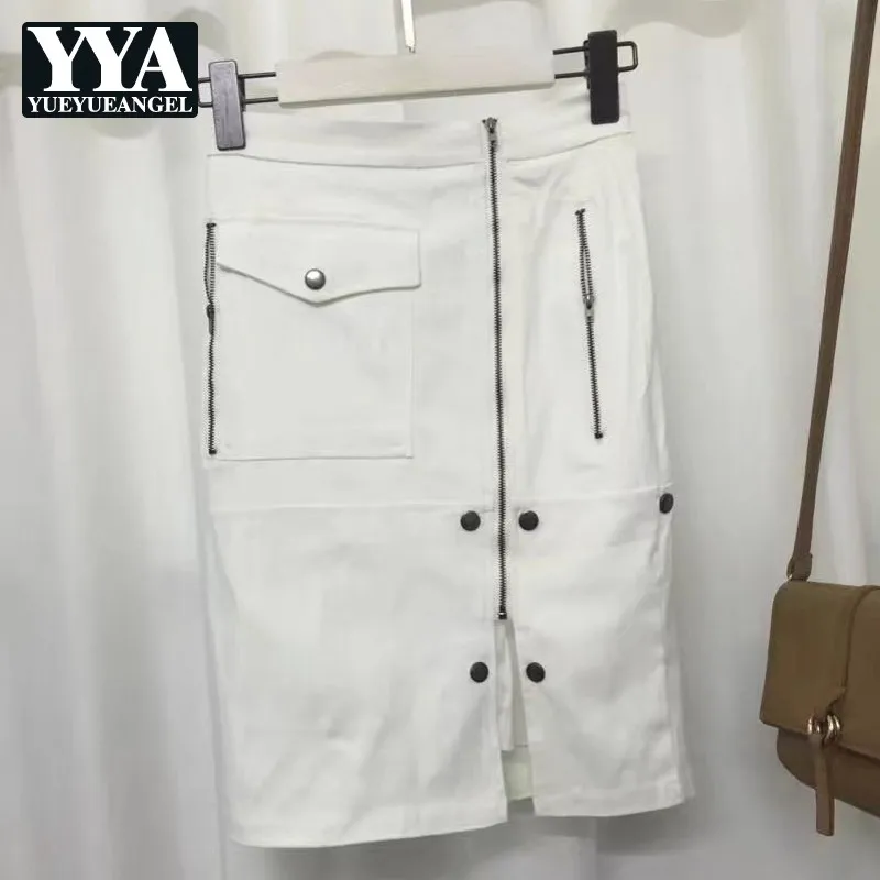 

Элегантные летние белые юбки с запахом на молнии спереди, женские уличные юбки-трапеции с высокой талией и разрезом, модные женские юбки до ...