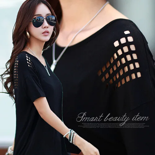 

Discount women's new round collar T-shirt summer wear loose shoulders back hollow out pure color T-shirt with short sleeves