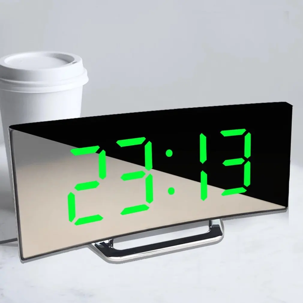 

Digital Alarm Clock LED Curved Surface Mirror Electronic Table Clock Large Screen Snooze Desktop Alarm Clock For Home Decoration