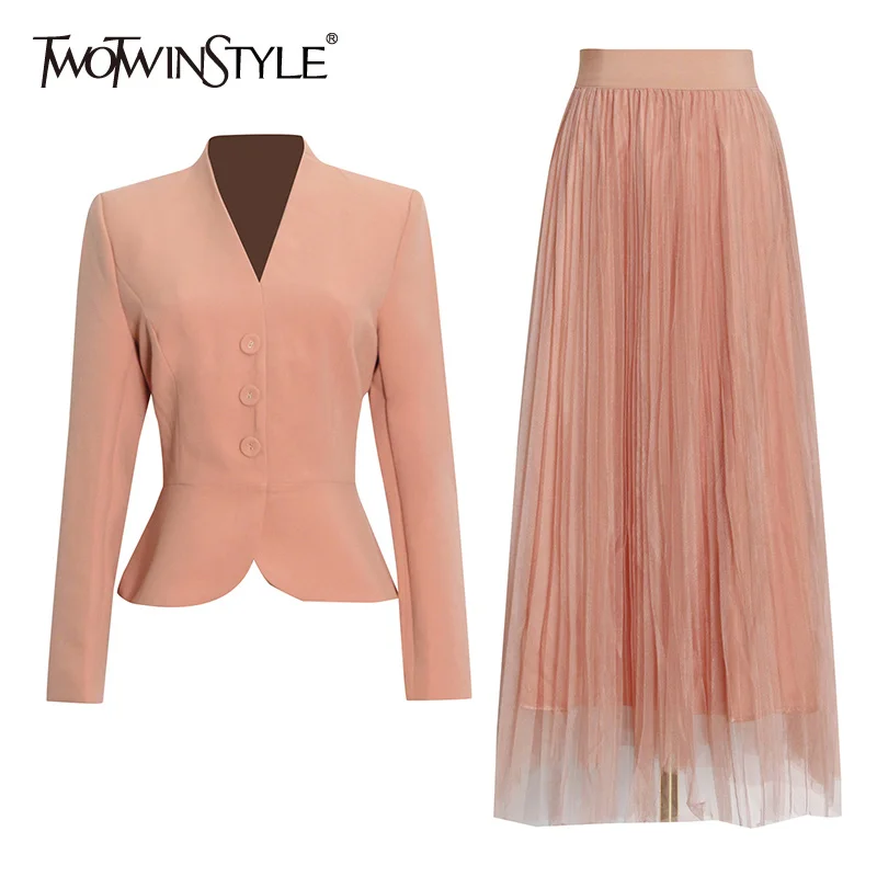 

TWOTWINSTYLE Casual Two Piece Set For Women Slim Short Top V Neck Long Sleeve High Waist Patchwork Mesh Skirt Fall Sets Female