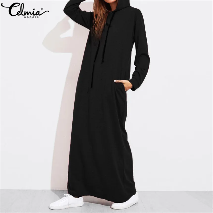 Celmia 2022 Autumn Winter Women Maxi Dress Vintage Hoodies Casual Solid Long Sleeve Pockets Hooded Party Dress Long Vestido Robe