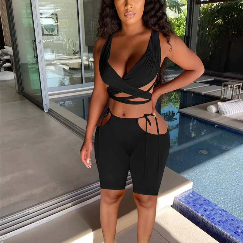 

Пикантный комплект из двух предметов, Женский однотонный жилет без рукавов 2021, ажурные бандажные велосипедные шорты для бега, подходящий ко...