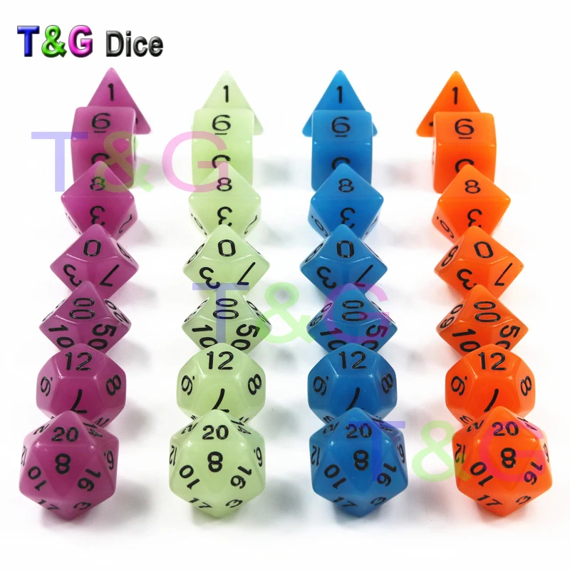 T & G многогранные кости 7 шт./лот Светящиеся в темноте набор D4 6 8 10 10% 12 20 для