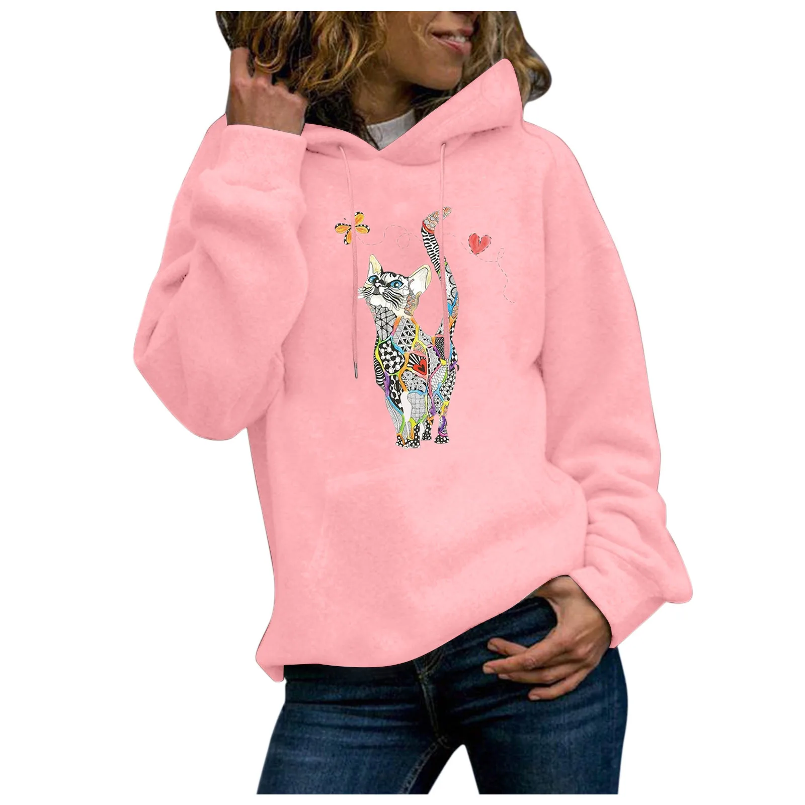 59# Women Fashion Tops Blouse 2021 Lady Long Sleeve Cat Print Hoodie Sweatshirt Jumper Hooded Pullover Solid Color Blouse