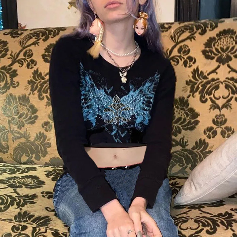 

Autumn spring Rhinestone long-sleeved T-shirt y2k women 2021 new loose Harajuku fairy grunge Casual bottoming top ins Kawaii