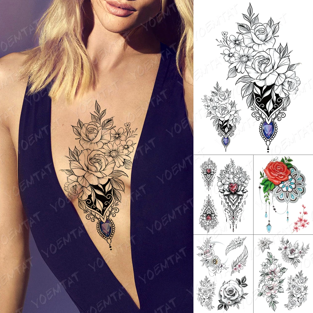

Waterproof Temporary Tattoo Sticker Sapphire Mandala Henna Lace Flash Tattoos Diamond Rose Gem Body Art Arm Fake Tatoo Women Men