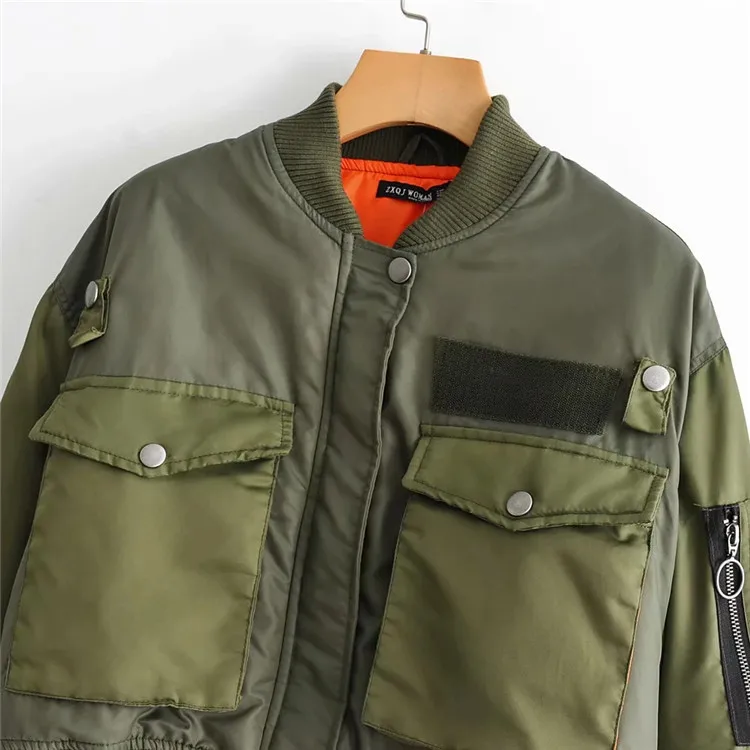 

2020 stylish lady autumn winter za green short jackets women fashion long sleeve zipper bomber jacket outwear women's coat