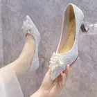 2021 новые пикантные элегантные свадебные туфли женские туфли-лодочки Модные Серебристые туфли на высоком квадратном каблуке с острым носком и бисером