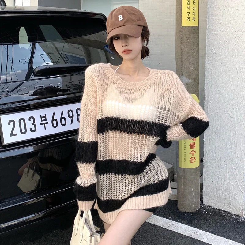 

Women's Hollow Striped Mohair Sweater 2021 Early Autumn New Korean Style Loose Casual Laid-Back Style Mid-Length Top
