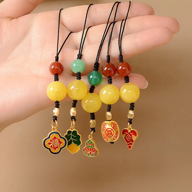 

Chinese element original DIY mobile phone pendant with beeswax cute anti-lost mobile phone lanyard short chain cute keychain