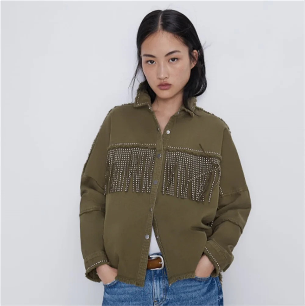 Женская куртка с бахромой ZA демисезонная декоративная в богемном стиле отложным