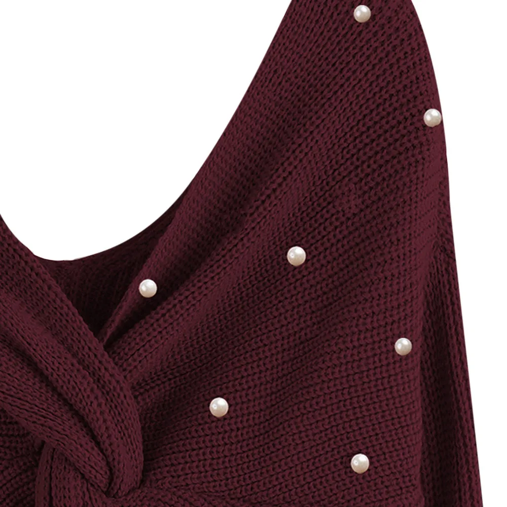 Sexy Deep V Neck Loose Woman's Sweater Long Sleeve With Plastic Pearl Irregular Backless Knitted Jumpers Female Pullovers | Женская