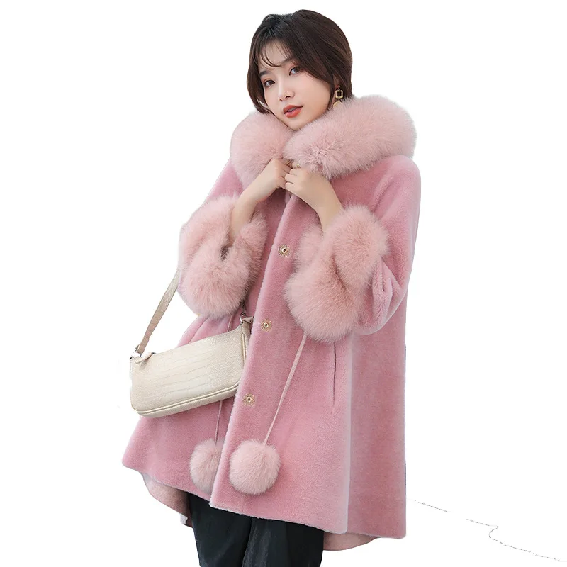 Новые Стрижки овец пальто с мехом для женщин средней длины подкладкой из лисьего