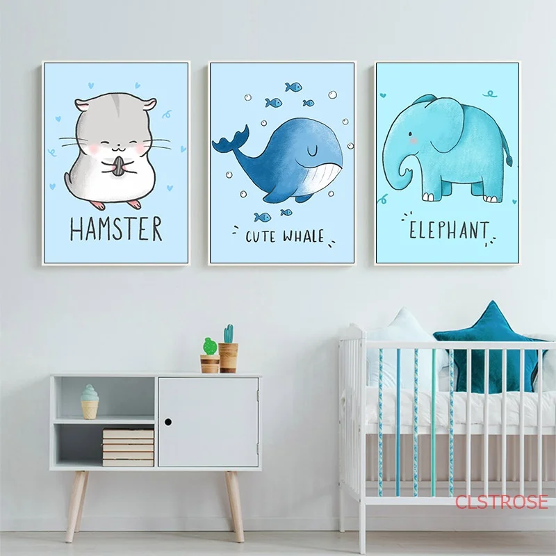 

Nordic Girl Room Mural Painting Animal Cute Whale Elephant Hamster Canvas Poster Print Home Children Room Decoration Pictorial