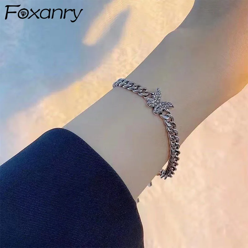 

Foxanry Silver Color Bracelets for Women Summer New Trendy Elegant Vintage Sweet Sparkling Butterfly Zircon Bride Jewelry