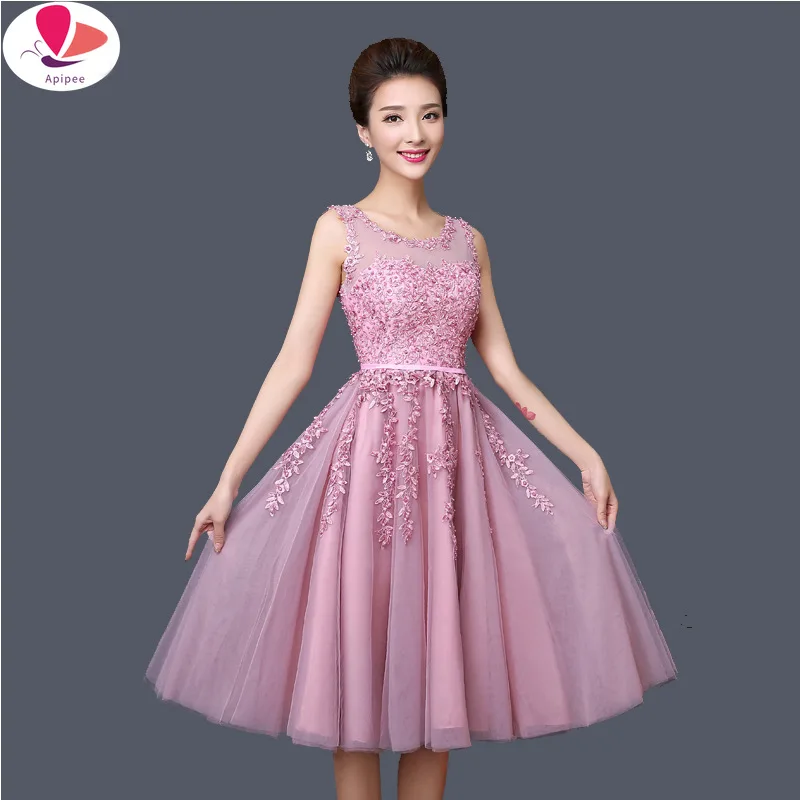 

2021 New Lace Many Color Illusion Flowers Beading A-line Knee Length Dinner Bridesmaids Dresses Party Short Formal Dress