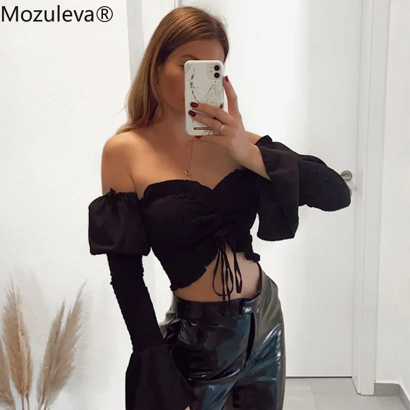 

Mozuleva Off Shoulder Ruched Drawstring Women Top Blouses Shirts Flare Sleeve Summer Crop Tops Fashion Blusas Mujer Clothes