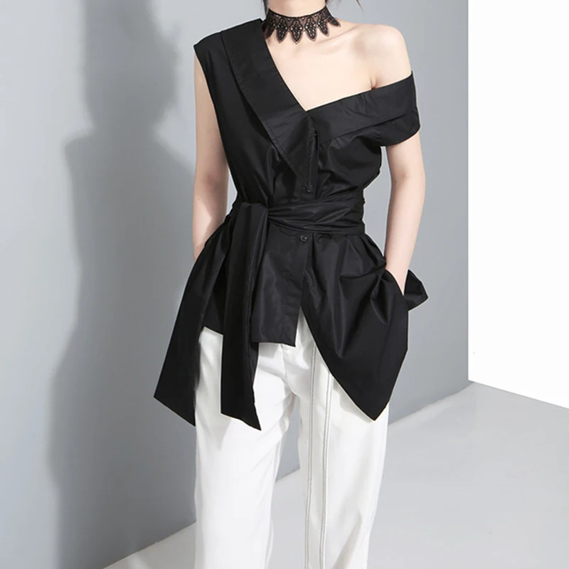 

Women's Blouses Shirts Sleeveless Sashes Tunic Summer V Collar Black Khaki Irregular Loose Shirt Tops Casual