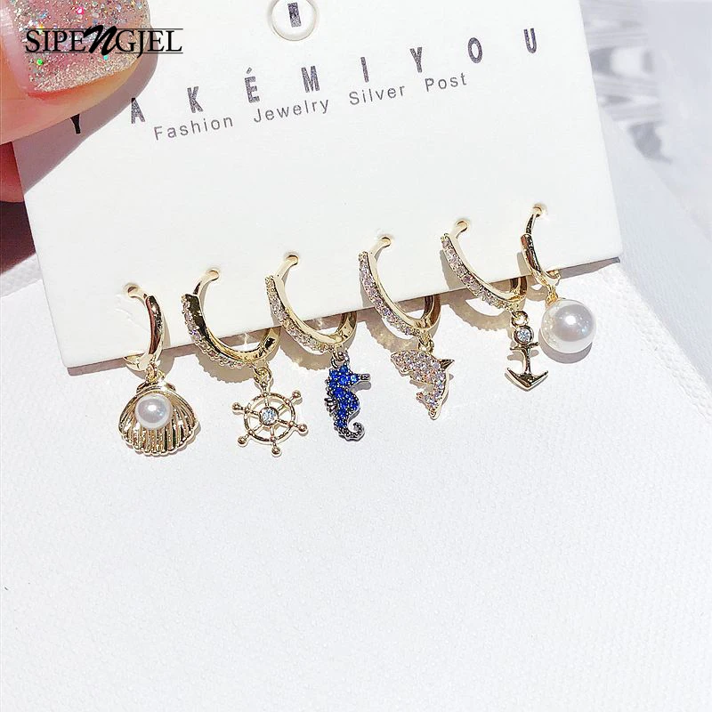 

SIPENGJEL Fashion Shell Pearl Dangle Earrings Sets Ocean Style Drop Hoop Earrings For Women Party Jewelry 2021