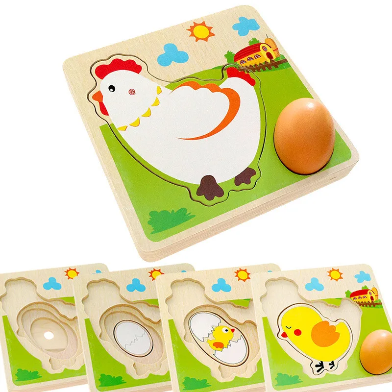 

3D Wooden Puzzle Hen Chicken Growing Up Laying Eggs Process Cognition Jigsaw Kindergarten Teaching Aids Children Educational Toy