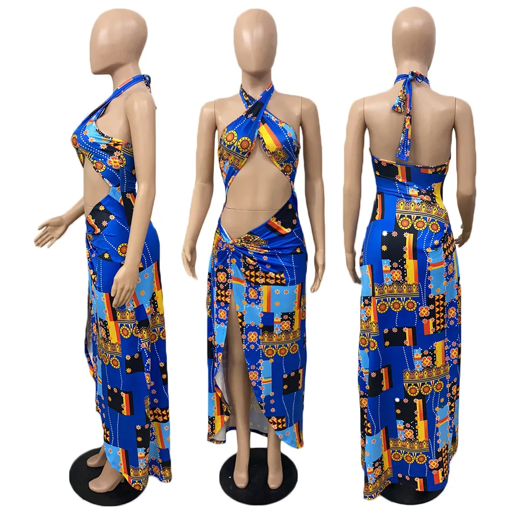 

Women Dress Summer Fashion Women's Split Halter Dress Sexy Strapless Hollow Out Printed Dress Vestido Feminino Donsignet