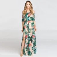 summer floral strapless maxi holiday casual split print long beach dress sexy perspective sleeveless chiffon ruffle beach dress