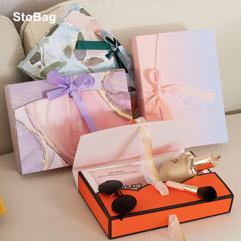 

StoBag 5pcs Gift Paper Box With Ribbon Wedding Birthday Party Cookies Snack Packaging Clothing Storage Favors Chocolate Candy