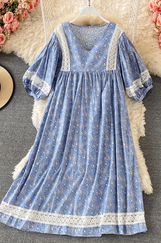 

2021 women's clothing Vintage loose Print Chiffon Dress Korean fashion lace patchwork puff Sleeve casual dress new