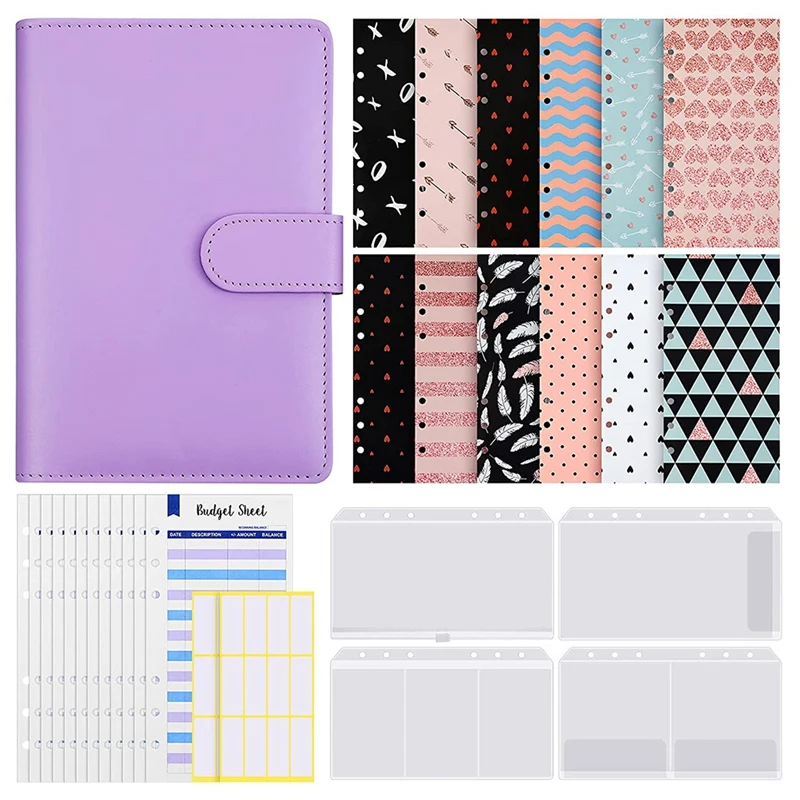 

A6 PU Leather Notebook Binder Cover 6 Holes Binder Folders A6 Binder Budget,Expense Budget Sheets and Labels Sticker