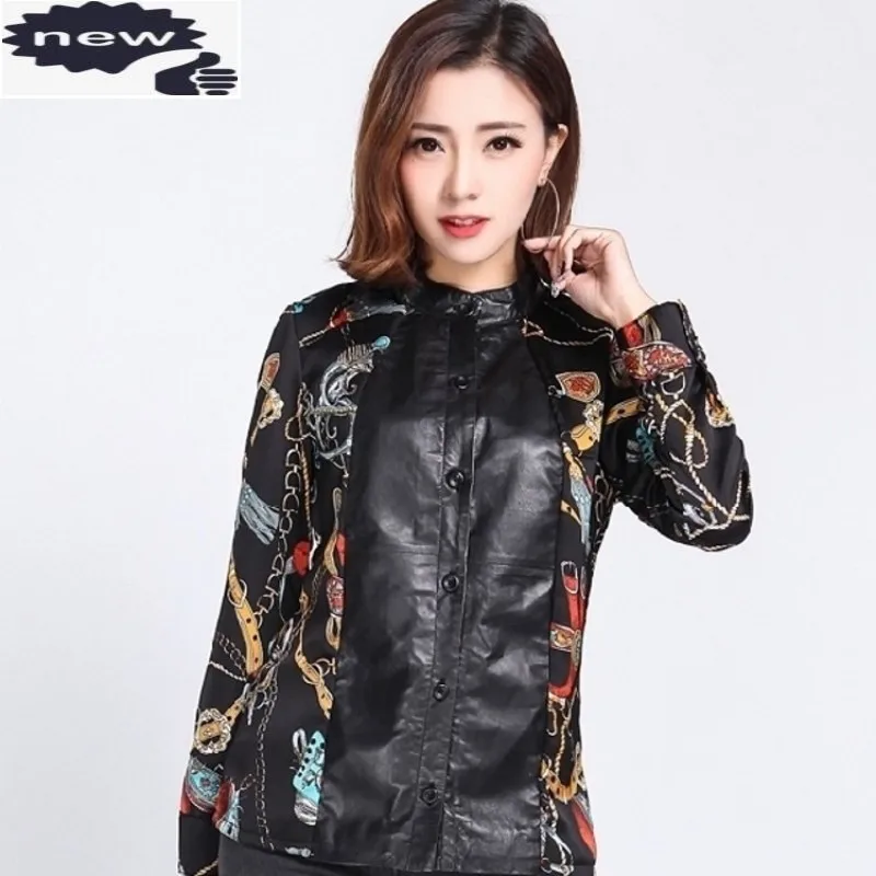 Autumn New Bottom Shirt Female Slim Real Sheep Leather Spliced Sheepskin Chiffon Women Vintange Long Sleeve Fashion Blouse