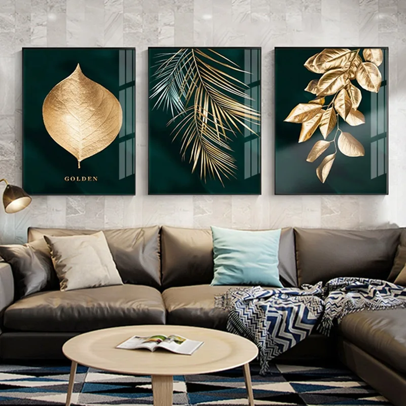 

Golden Leaf Abstract Wall Poster Modern Style Canvas Print Botanical Painting Contemporary Art Room Entrance Decoration Picture