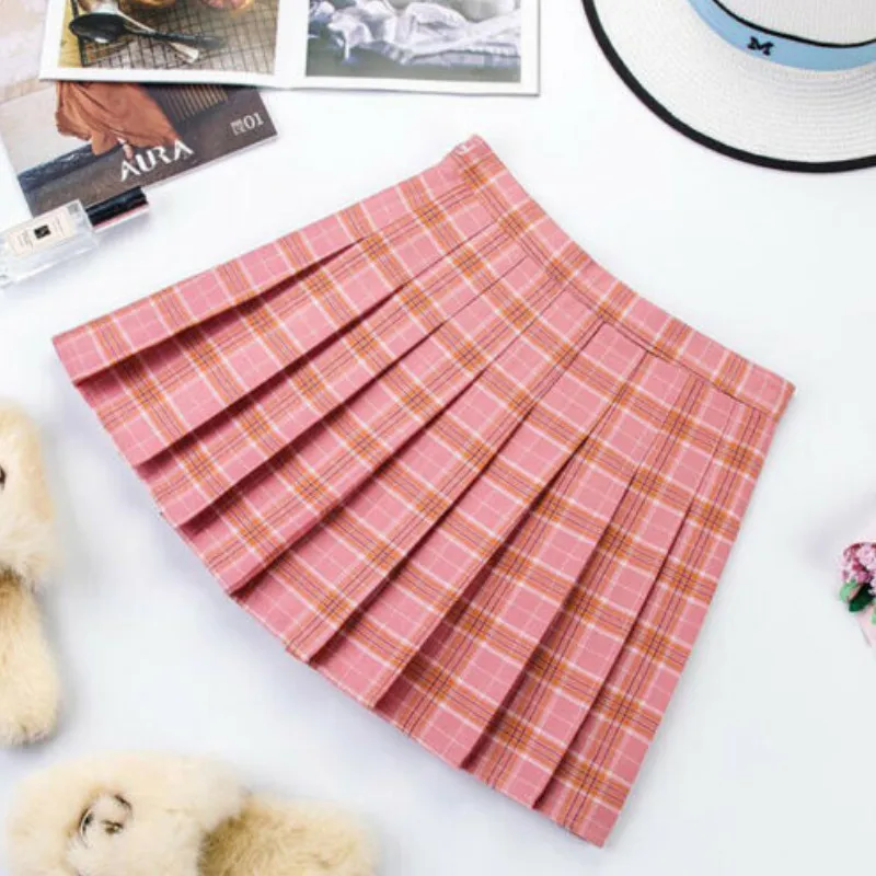 XS-XL розовая Женская юбка английский стиль высокая талия клетчатая летняя