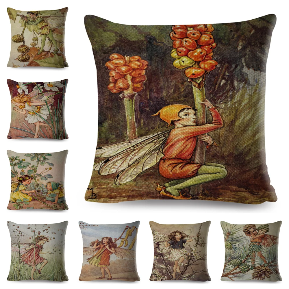 

Винтажный мультяшный цветок девушка Наволочка Декор красочный Сказка Мир эльфов для дивана домашняя Подушка Чехол льняная Подушка Чехол 45x45