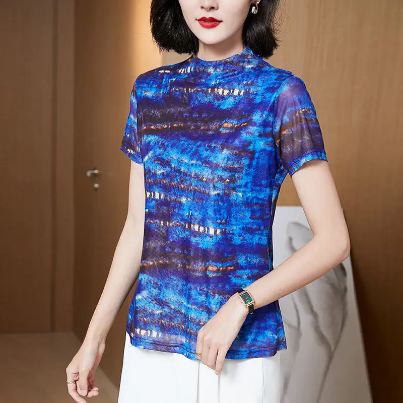 

2021 summer fashion new imitation silk printed T-shirt women short-sleeved T-shirt slim top women