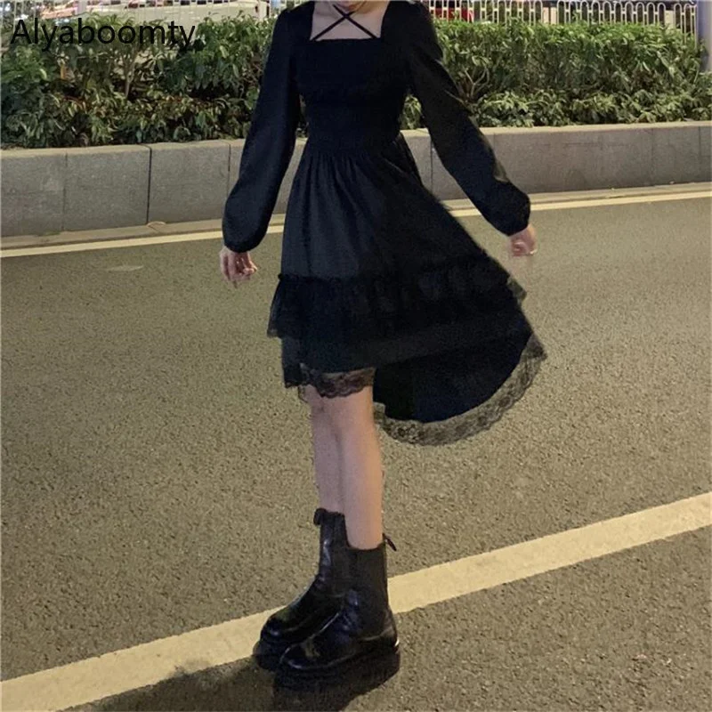 

New Gothic Women Black Fairy Party Dress Cross Square Collar Lolita Princess Irregular Dress Cute Kawaii Lace Ruffles Chic Dress