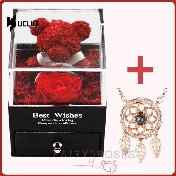 

Eternal Rose Bear Wiht 100 Language Stainless Steel I Love You Necklace, Valenties Gift for Lover Family, Fairy Rose Bear