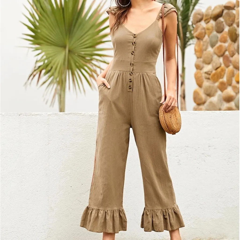 Комбинезон женский без рукавов модный однотонный Свободный комбинезон с