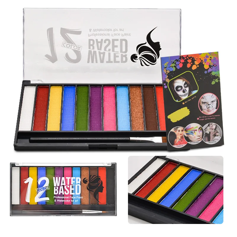 

12-color Face Body Painting Oil Safe Kids Flash Tattoo Painting Art Halloween Party Makeup Dress Beauty Palette with brush kit