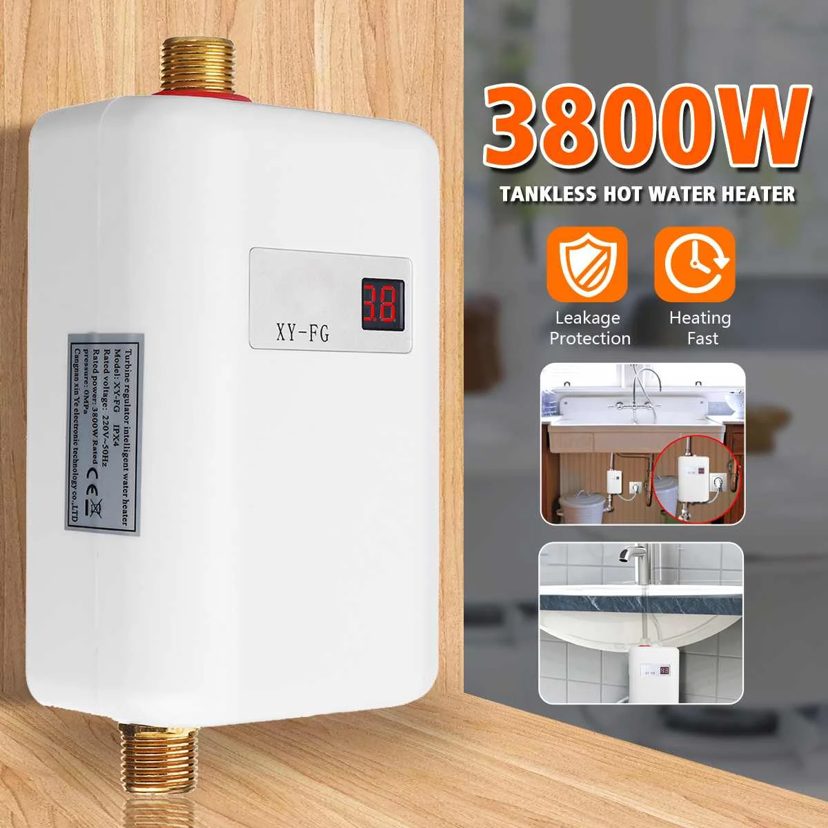 

110/220V 3800W Tankless Electric Water Heater Bathroom Kitchen Instant Water Heater Temperature display Heating Shower Universal