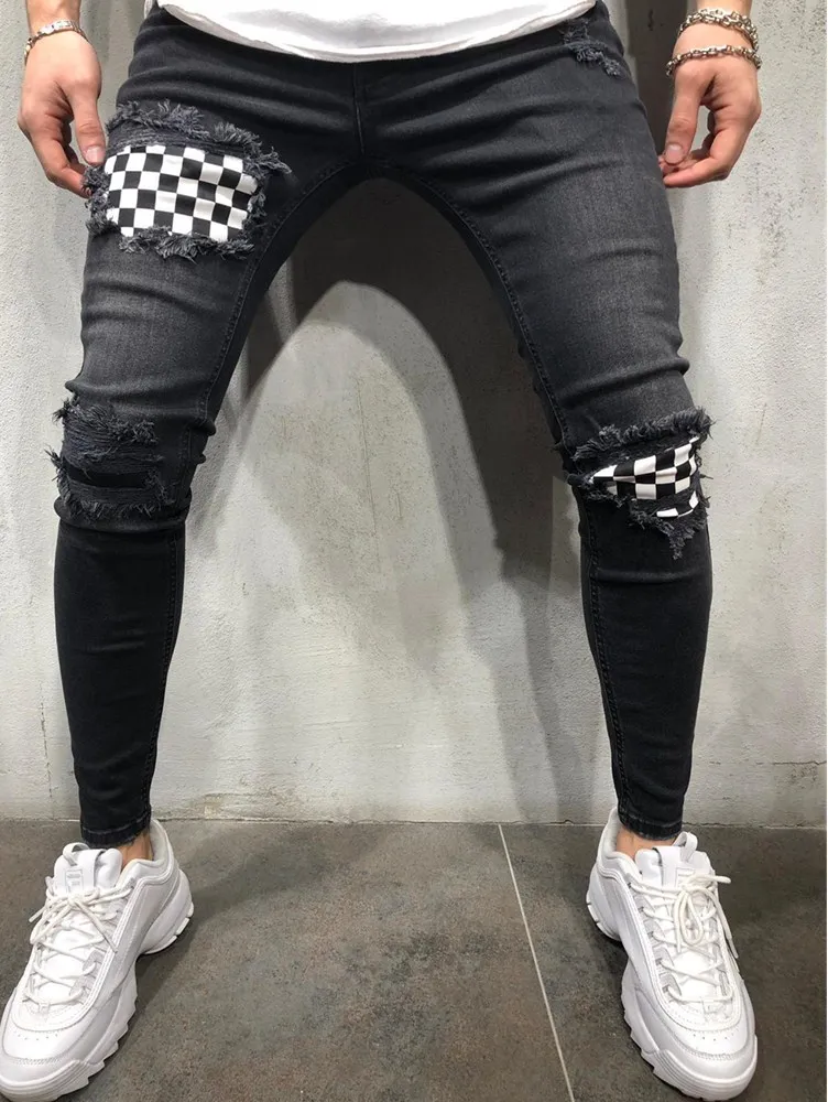 New Fashion Men's Jeans Spliced Ripped Denim Pants Pencil Jeans Slim Patch Biker Jeans Plaid Paster Jogging Movement Pants