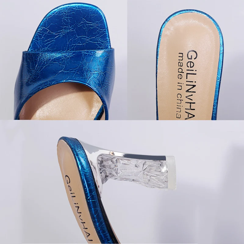 Golden PU Leather Shallow Comfor Woman Slippers Sexy Peep Toe Light Non-Slip High Heels 2022 Summer Comfortable Designer Slides