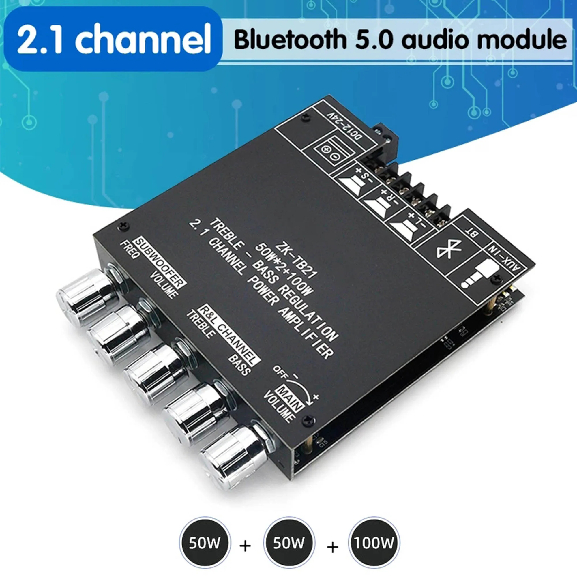 

Mini Bluetooth 5.0 2*50W+100W 2.1 Channel TPA3116D2 Power Subwoofer Amplifier Board Class D Home Theater Stereo Equalizer Amp