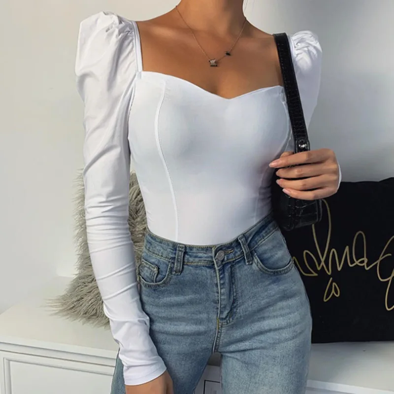 

Women Sexy Sheath Solid Color Blouses Special Offer Hot Sale Autumn Female Puff Sleeve Square Sexy Small V-neck Slim Blouse 2020